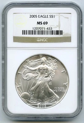 2005 American Eagle 1 Oncia Argento Dollaro NGC Ms 69 Certificato Lingotto - - Immagine 1 di 2