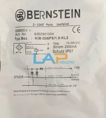 1PCS New For Bernstein Proximity switch KIB-D06PS/1.5-KL2 10-36VDC 200mA - Image 1 of 3