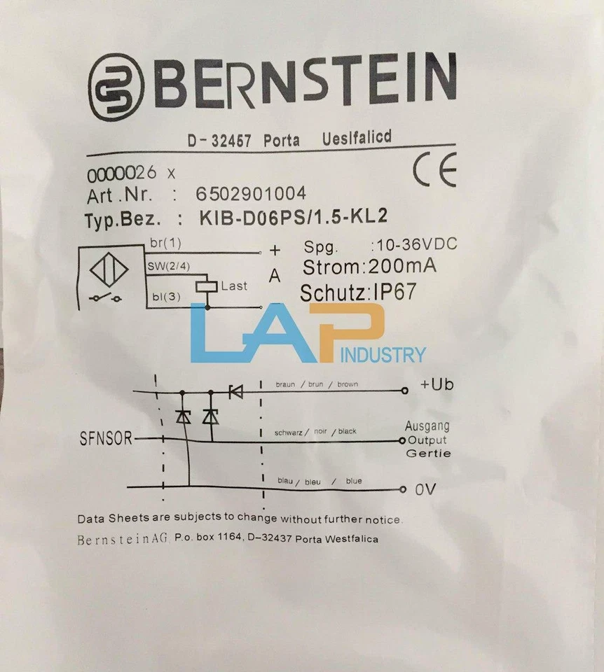1PCS New For Bernstein Proximity switch KIB-D06PS/1.5-KL2 10-36VDC 200mA - Image 1 of 3