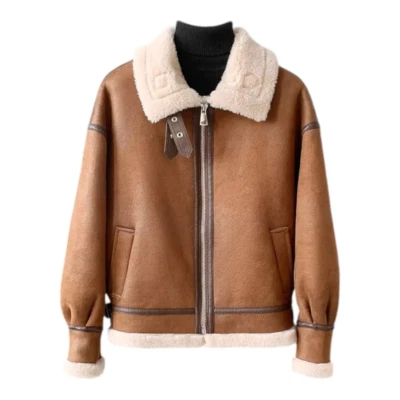 Jaqueta de couro real feminina pele de cordeiro B3 bombardeiro RAF aviador piloto jaqueta voadora - Imagem 1 de 4