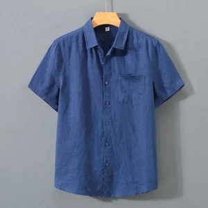 Sommer Freizeit Hemd Tops Herren Leinen Baumwolle Kurzarm Tasche Tunika Shirt Bluse - Bild 1 von 12