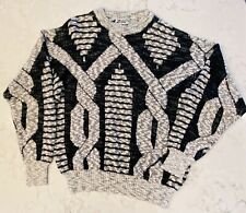 Zeppelin Vintage Mens Crew Neck Geometric Knit Sweater Large Grey/White/Black