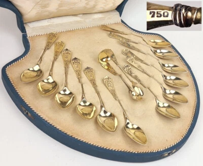 Набор из 12 ложек + щипцы для сахара 750 серебристые позолоченные около 1900 P7 - Изображение 1 из 4