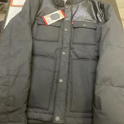 Levi's Men's Mixed Media Woodsman Puffer Jacket, Black Faux Leather, Sz Medium - Image 1 of 4