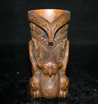 Taza para beber Zun de madera tallada a mano de madera de boj de la antigua dinastía China de 5,4" Foto 1 de 4