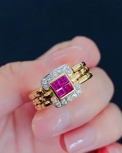 Princess 2.28Ct Natural Pink Sapphire Diamond Wedding Ring 14K Real Yellow Gold - Picture 1 of 7