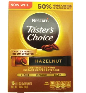 Nescafé Tasters Choice Instant Coffee Hazelnut Medium/Dark 16 Single Packets - Picture 1 of 3