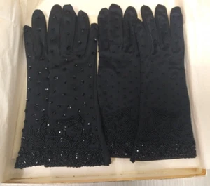Vintage 1950's Magnin & Co. Black Beaded Nylon Evening Gloves with Original Box - Picture 1 of 4