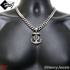 20"MEN Stainless Steel 9mm Silver Cuban Curb Necklace Anchor Cross Pendant*P58 - Picture 1 of 6