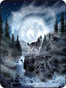 60x80 Moon Wolves Howling Wolf Night Mink Faux Fur Twin Full Queen Throw Blanket - Picture 1 of 3