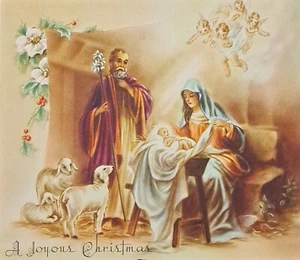 Tarjeta de Navidad de colección Belén Sagrada Familia Ángeles Corderos Acebo Religioso - Imagen 1 de 3