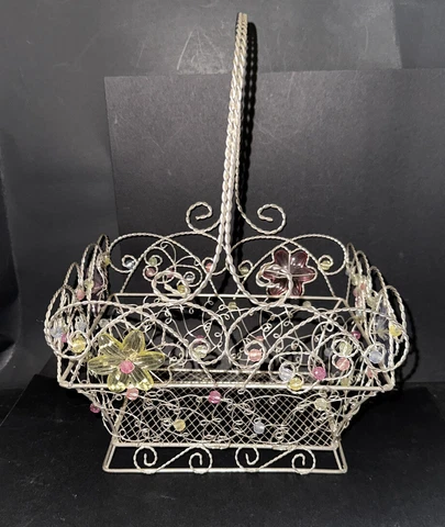Basket Silver Wire With Plastic Colored Flowers Cover