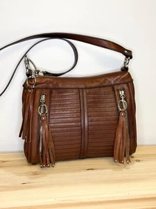 B Makowsky Boho Brown Leather Shoulder Crossbody Bag Tassels Zippers Authentic - Picture 1 of 12