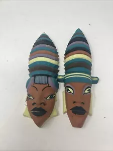 Pair of signed Boehm 1957 tribal African hanging terra-cotta face masks - Picture 1 of 6