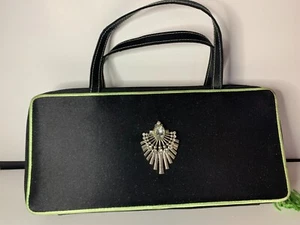 Vintage Designer schwarze Handtasche mattschwarz, Innenfutter grüne Quasten, silberne Diamanten - Bild 1 von 3