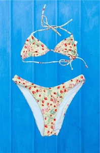 VICTORIA'S SECRET Yellow Strawberry Floral Bikini Triangle Top Cheeky Bottoms S - Picture 1 of 11