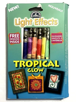DMC LIGHT EFFECTS TROPICAL GLOW FLOSS- (6) SIX STRAND SKEINS 8.7 YARDS + DESIGNS - Image 1 of 3