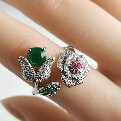 Elegante anillo ajustable 3D de cobre rosa con incrustaciones de anillo de circón sintético para mujer Foto 1 de 4