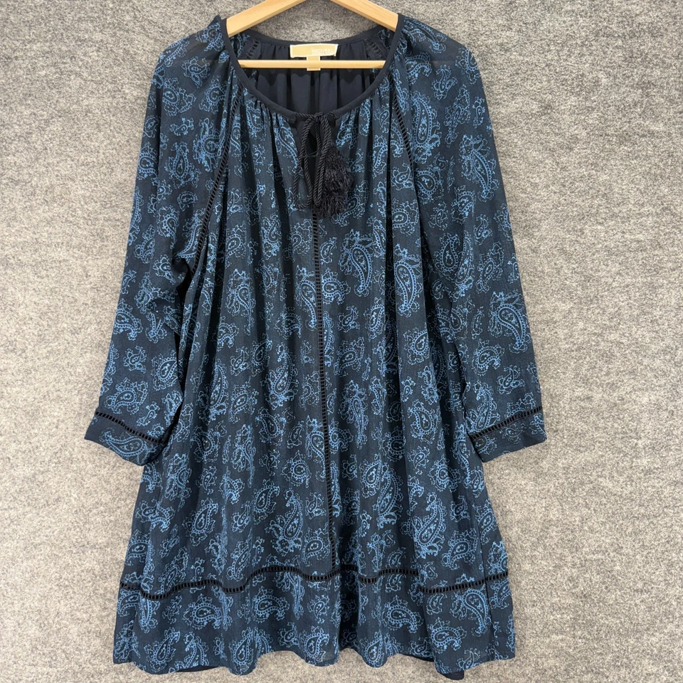 Vestido Michael Kors Mujer M Mediano Negro Paisley Cambio Corto Borlas Manga Larga Foto 1 de 4