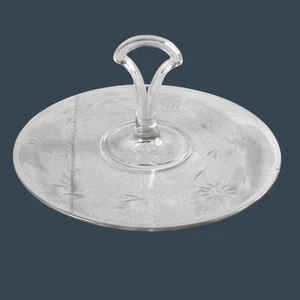 Etched Glass Serving Plate With Floral Design & Handle 11" Diameter - Picture 1 of 9