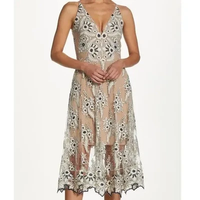 Vestido de encaje bordado Dress the Population Audrey - Marfil/Azul marino Talla S Foto 1 de 4