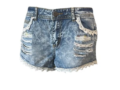Pantalones cortos Hot Kiss para mujer 9 desgastados tiro alto ribete de encaje 100 % algodón azul (W32 L2) Foto 1 de 4