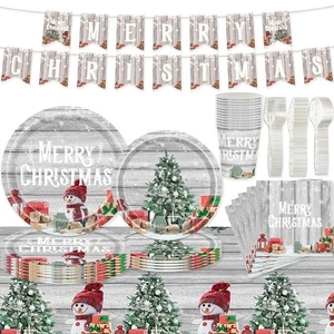 Juego de Platos de Navidad Desechables para Fiesta, 170 Piezas FELIZ NAVIDAD Banner Mantel... - Imagen 1 de 6