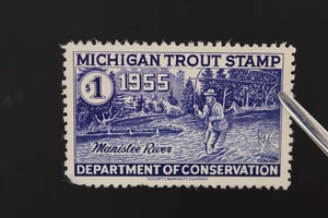 MI STATE 1955 TROUT FISHING LICENCE PERMIT STAMP REVENUE MNG PULLED CORNER - Picture 1 of 3