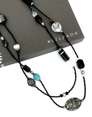 SILPADA Sterling Silver 60”TURQUOISE-PEARL-OBSIDIAN Station Necklace~#N1967 - Image 1 of 4