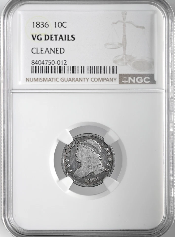 1836  10C CAPPED BUST SILVER DIME  NGC VG DETAILS "CLEANED"  #8404750-012 - Image 1 of 4