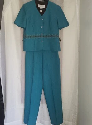 Sag Harbor Pantalón Traje Mujer 6P Cuentas Verde Azulado Botón Frontal Chaqueta Cremallera Lateral Pantalones Años 90 Foto 1 de 4