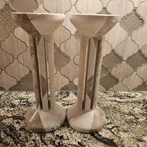Tessellated Travertine Marble Stone MCM Candlestick Candleholders VERY RARE - Picture 1 of 12