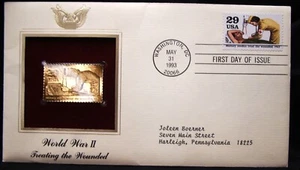 MAY 1993 FIRST DAY ISSUE CANCELATION & 22K GOLD REPLICA STAMP WWII TREATING HURT - Picture 1 of 4