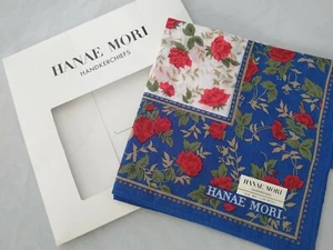 Hanae Mori NEW Handkerchief 100% Cotton RED ROSES WHITE BLUE square Pocket fabu - Picture 1 of 10