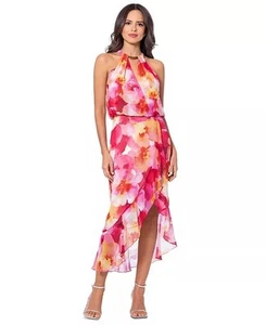 Xscape Womens Size 16 Pink Chiffon Floral Halter Sleeveless A-Line Midi Dress - Picture 1 of 15