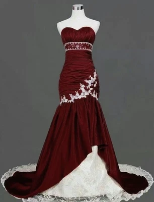 Burgundy Gothic Satin Mermaid Wedding Dress Sweetheart Ruching Train Bridal Gown - Image 1 of 4