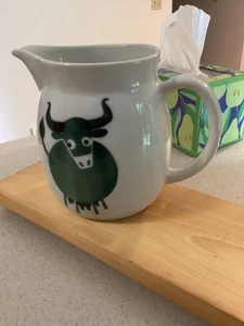 Vtg Arabia Finland Milk Pitcher Green Long Horn Bull Cow MCM 6.5" - Picture 1 of 3