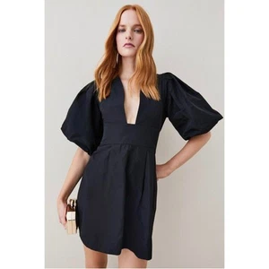 MINIVESTIDO TEJIDO MANGA ABULLONADA DE TAFETÁN KAREN MILLEN TALLA 8 NEGRO CUELLO EN V - Imagen 1 de 7