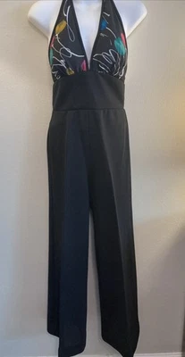 "Mono de Colección Años 70 80 Negro Floral Halter Pierna Ancha Campana Parte Inferior Talla 7 Cintura 25""" Foto 1 de 4