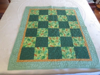 Machined FRIENDLY AMPHIBIANS & BUGS Patchwork COTTON Crib QUILT  - 36" x 38" - Image 1 of 4