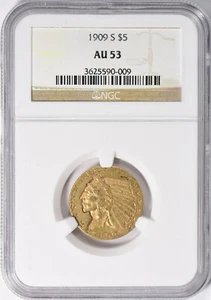 1909-S INDIAN HEAD $5 HALF EAGLE GOLD NGC AU53 - Picture 1 of 3