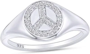 1/10ct Natural Diamond Peace Sign Signet Engagement Ring 925 Sterling Silver - Picture 1 of 8