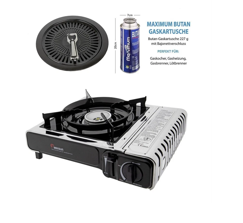 Maxsun Edelstahl Premium Gaskocher Set | tragbarer Campingkocher | Grillplatte - Bild 1 von 1