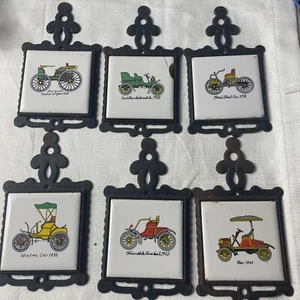 Set Of 6 Ceramic  and Cast Iron Trivets Featuring Old Fashioned Cars - 6½ x 3¾ - Picture 1 of 8