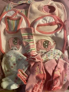 Lot Of 10 Infant Girls Newborn Items ~Bibs, Socks, & Hats ~ pinks, patterns - Picture 1 of 8