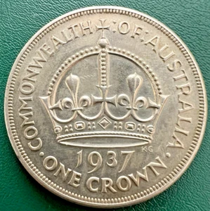 1937 Australia KGVI ONE CROWN 5/- 92.5% Silver Circulated Coin - Picture 1 of 6