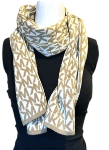 Michael Kors Women Scarf  MK Logo Gold tan Cream Reversible 9.5”W X 61” L - Picture 1 of 6