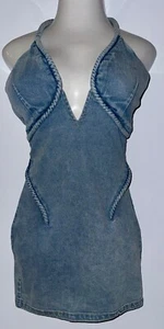Women’s Casual Blue Denim Halter Strap Knee Length Dress~ Size Large L - Picture 1 of 6