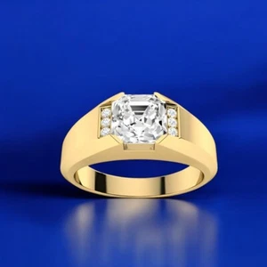 Anillos de diamantes amarillos de oro de 14 quilates de 8 9 10 para hombre corte Asscher banda cultivada en laboratorio IGI de 1,28 quilates - Imagen 1 de 10