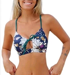 New Cupshe Blue Teal Floral Bikini Top Padded Strappy Back Swimwear Tie L Large - Picture 1 of 10